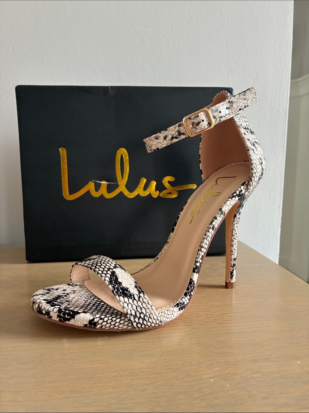 Lulu's Snake-Print Ankle-Strap Stiletto Sandal in Black & Cream